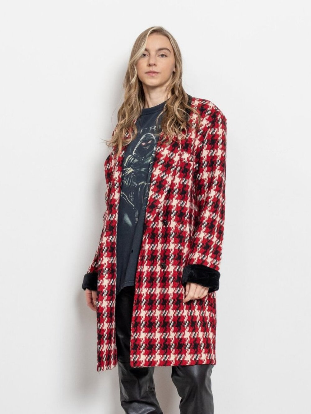 Vintage Houndstooth Wool Jacket, Velvet Collar Cuffs, Made in USA